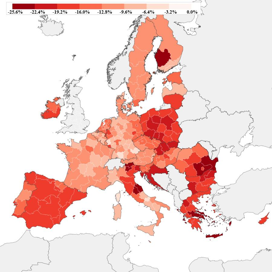 Euroopan kartassa on kuvattu eri väreillä alueita. Värit kertovat siitä, miten maat tai alueet ovat kärsineet koronan vaikutuksista. Länsi-Suomi on yksi Euroopan haavoittuvimpia alueita koronakriisistä johtuvan talouden taantuman vuoksi. Siksi se erottuu kartasta tummalla punaisella. Samaa värisävyä löytyy Etelä-Euroopasta.