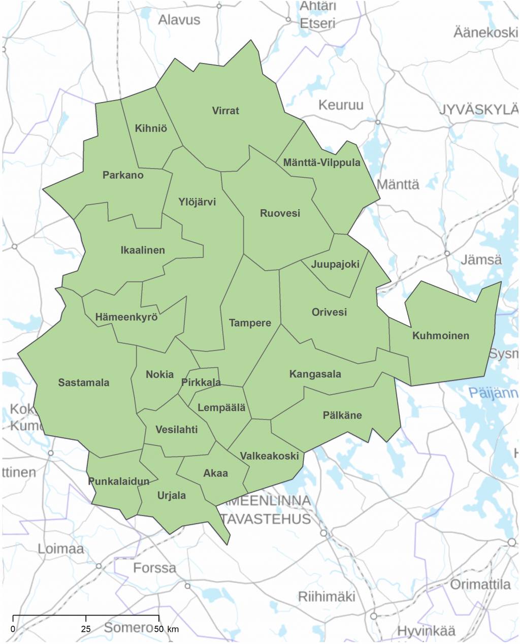 Pirkanmaan kuntarajakartassa on kuvattu vihreällä värillä kunnat. Kuhmoinen on maakunnan itäisin kunta ja se tulee ulokkeena maakunnasta kohti Päijännettä.