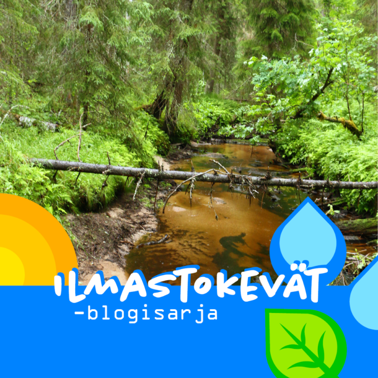 Hiekkapohjainen oja metsässä ja Ilmastokevät-blogibanneri