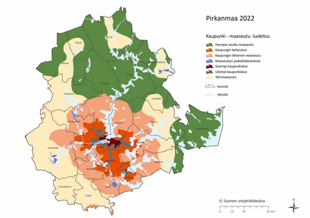 Kartta kuvaa Pirkanmaata ja siellä olevien alueiden tyyppejä: harvaan asuttu maaseutu, kaupungin kehysalue, kaupungin läheinen maaseutu, maaseudun paikalliskeskukset, sisempi kaupunkialue, ulompi kaupunkialue sekä ydinmaaseutu.